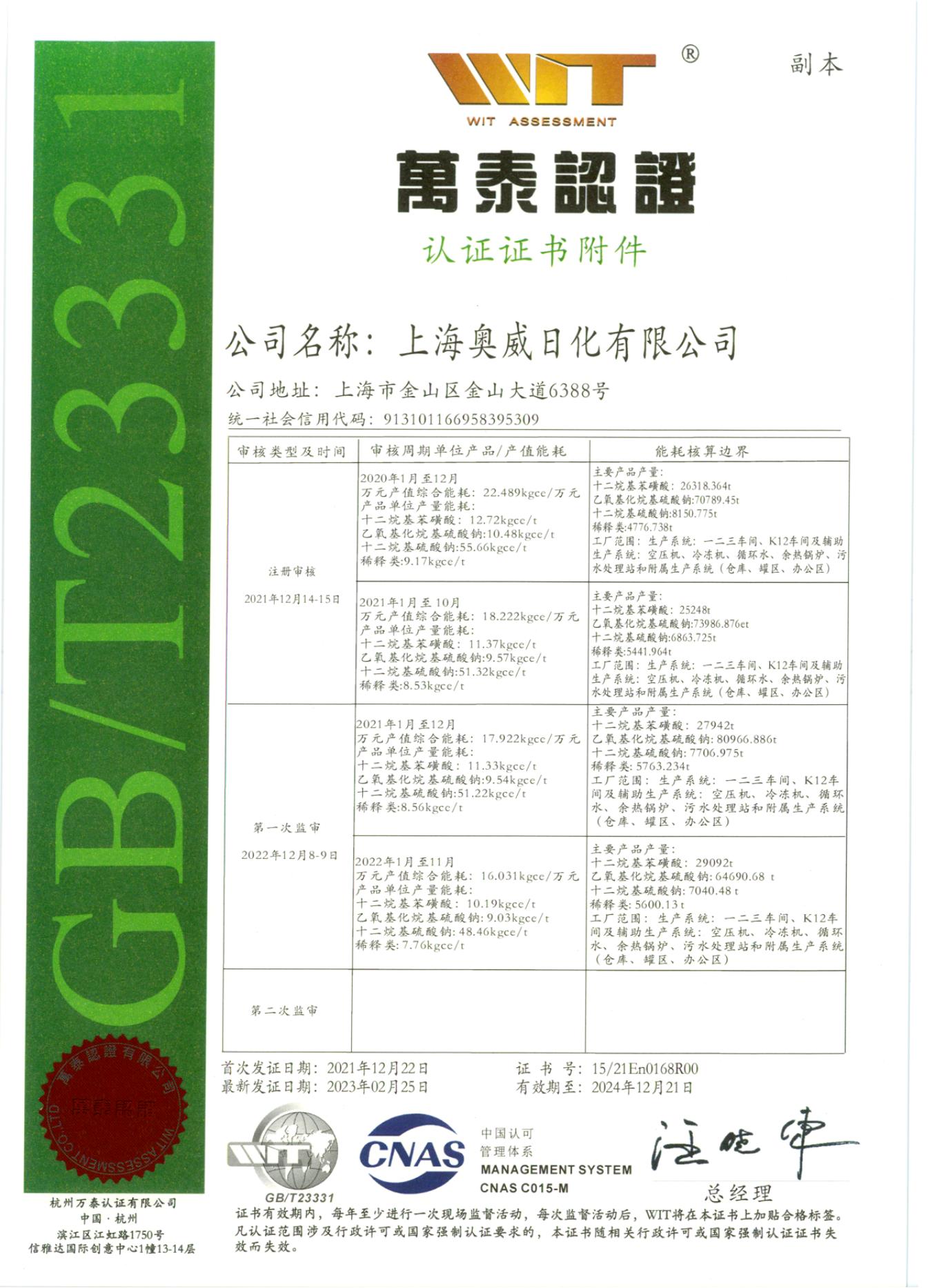 上海奥威能源管理体系认证证书