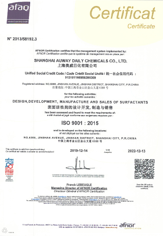 上海奥威2019年质量体系认证证书
