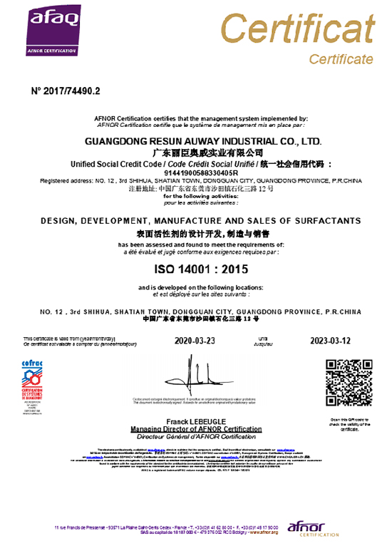 广东奥威2020年环境体系认证证书
